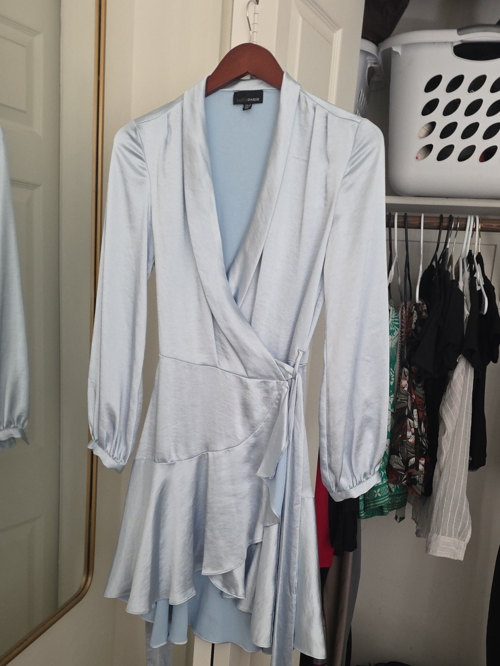 Lucy Paris Satin Wrap Dress in Light Blue